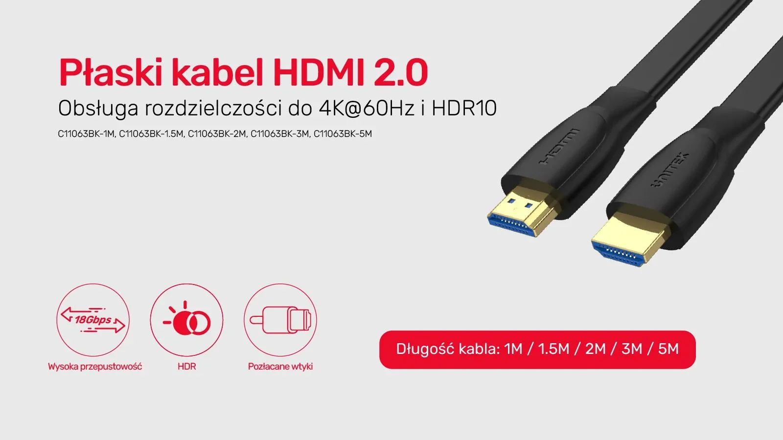 Kabel HDMI Unitek High Speed 2.0 4K 60Hz płaski 1m