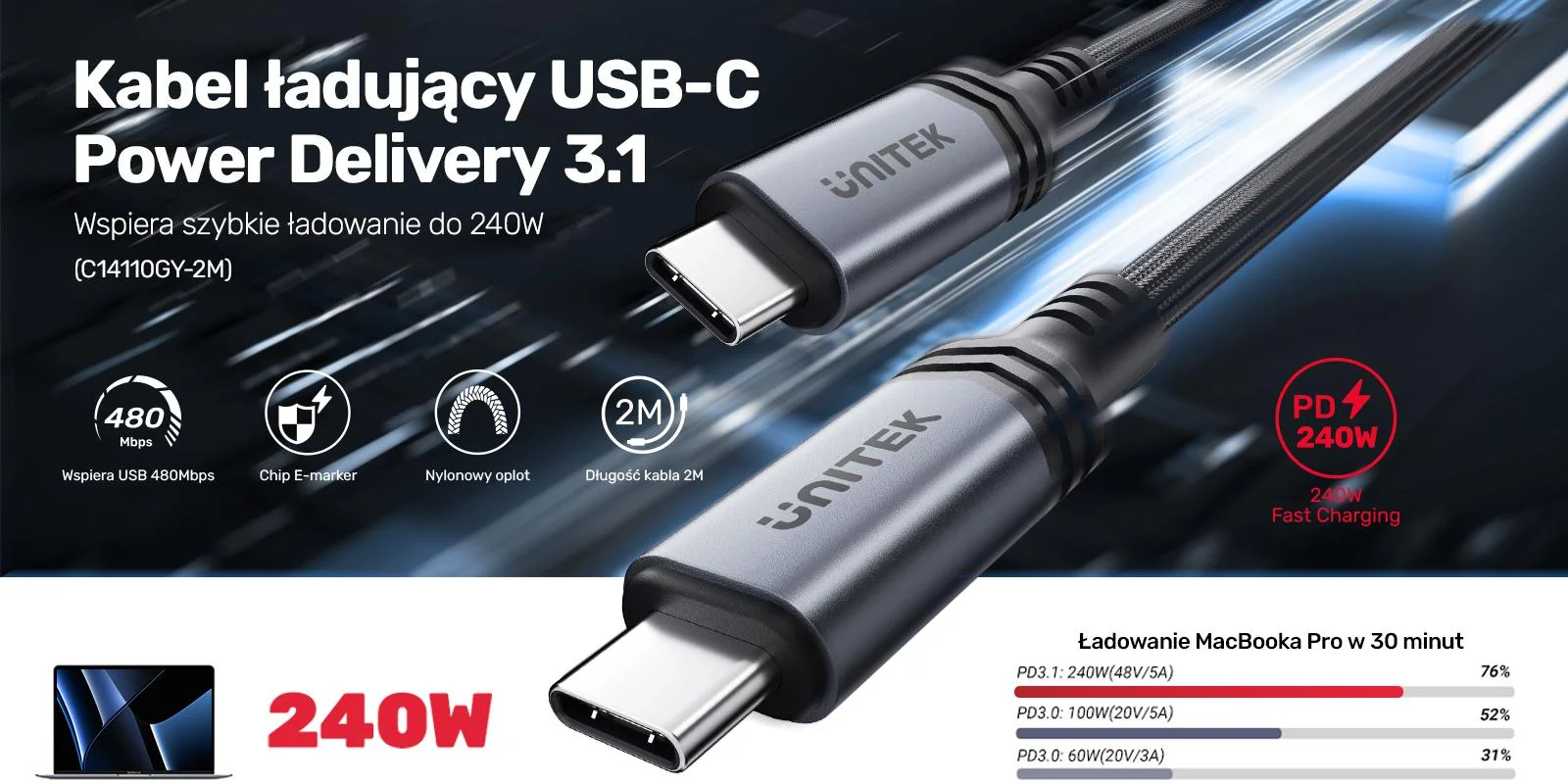 Kabel USB Unitek C14110GY-2M USB-C do ładowania PD 240W, 2metry
