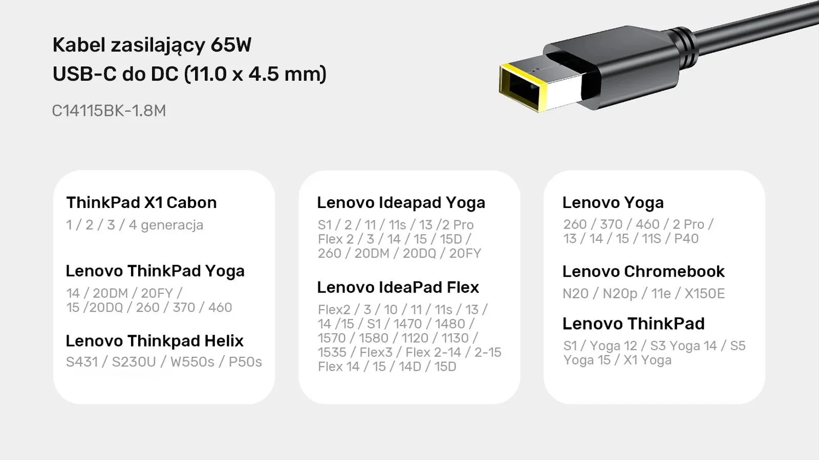 Kabel zasilający Unitek do Lenovo 65W USB-C - DC11*4,5mm