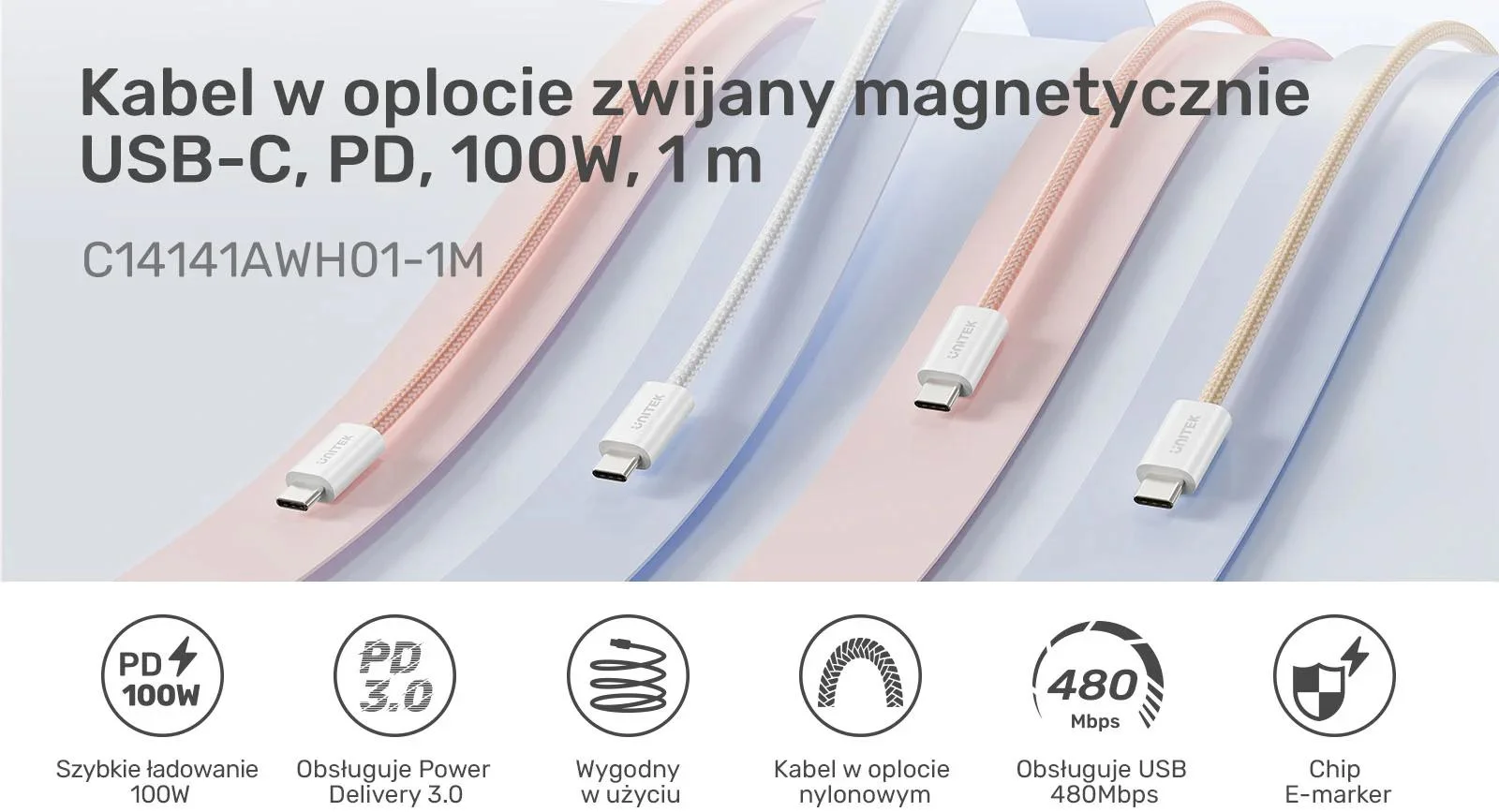 Kabel zwijany magnetycznie Unitek USB C PD 100W biały 1m
