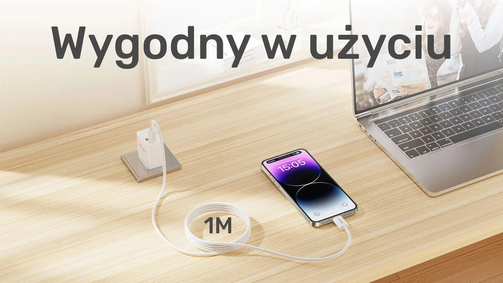 Kabel zwijany magnetycznie Unitek USB C PD 100W biały 1m