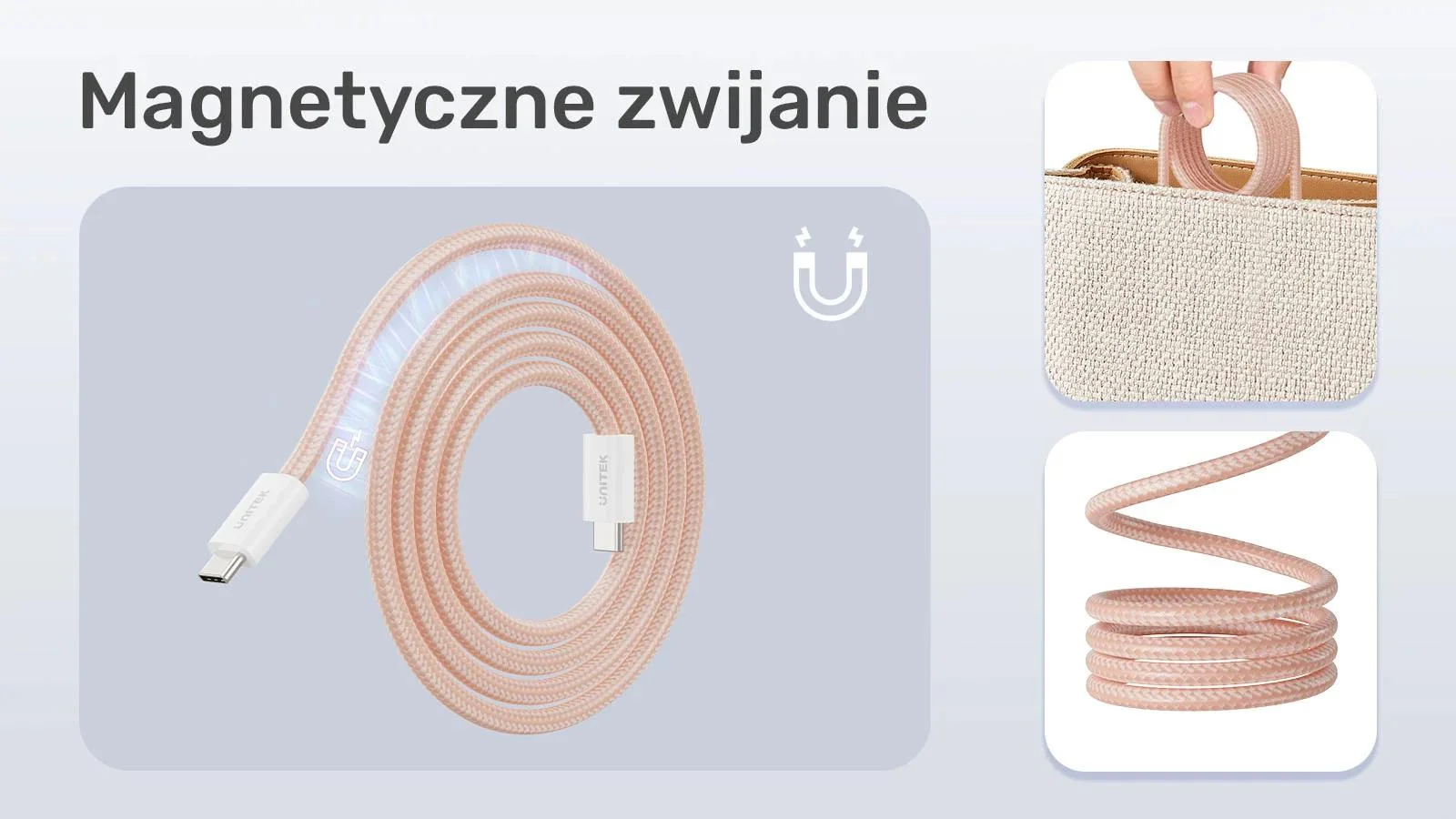 Kabel zwijany magnetycznie Unitek USB C PD 100W różowy 1m