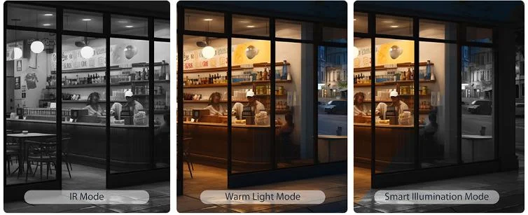 Smart dual illuminators – dwa rodzaje świateł (ciepłe + IR) włączają się tylko wtedy, gdy potrzeba, co ogranicza światło nocne i chroni przed rozświetleniem sąsiedztwa.