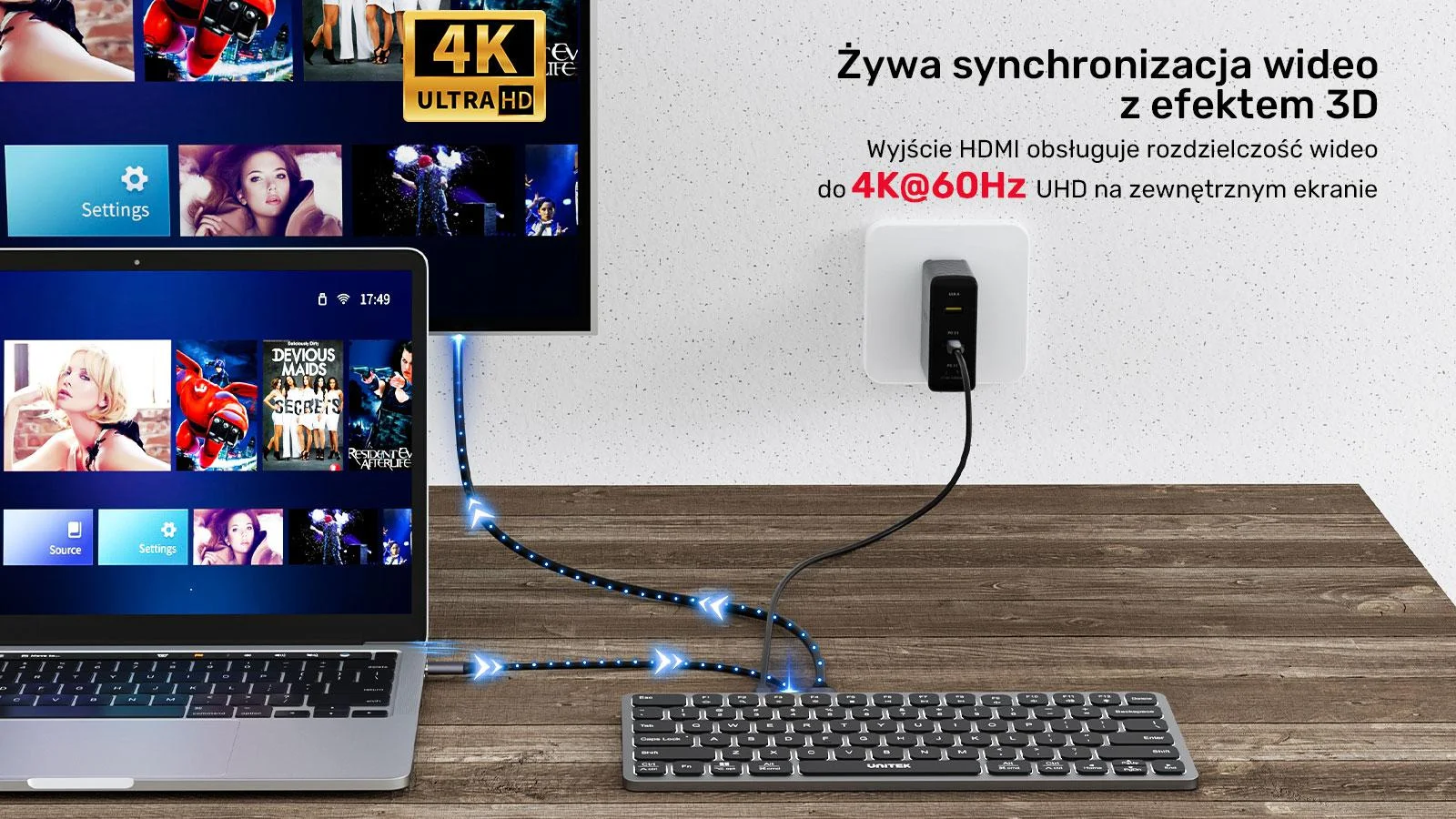 Klawiatura przewodowa Unitek D1092A 9w1 hub USB HDMI 4K PD 100W