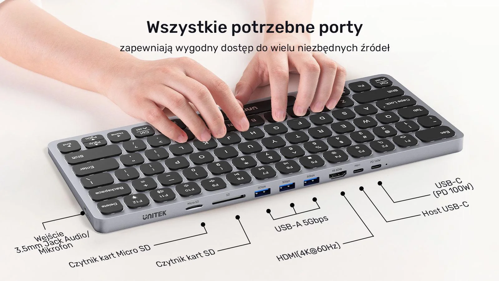 Klawiatura przewodowa Unitek D1092A 9w1 hub USB HDMI 4K PD 100W
