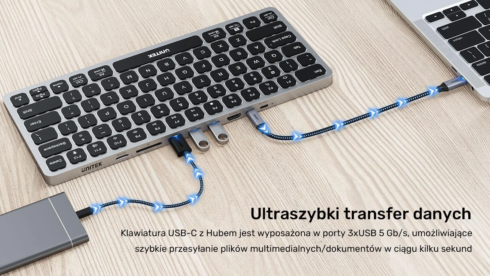 Klawiatura przewodowa Unitek D1092A 9w1 hub USB HDMI 4K PD 100W