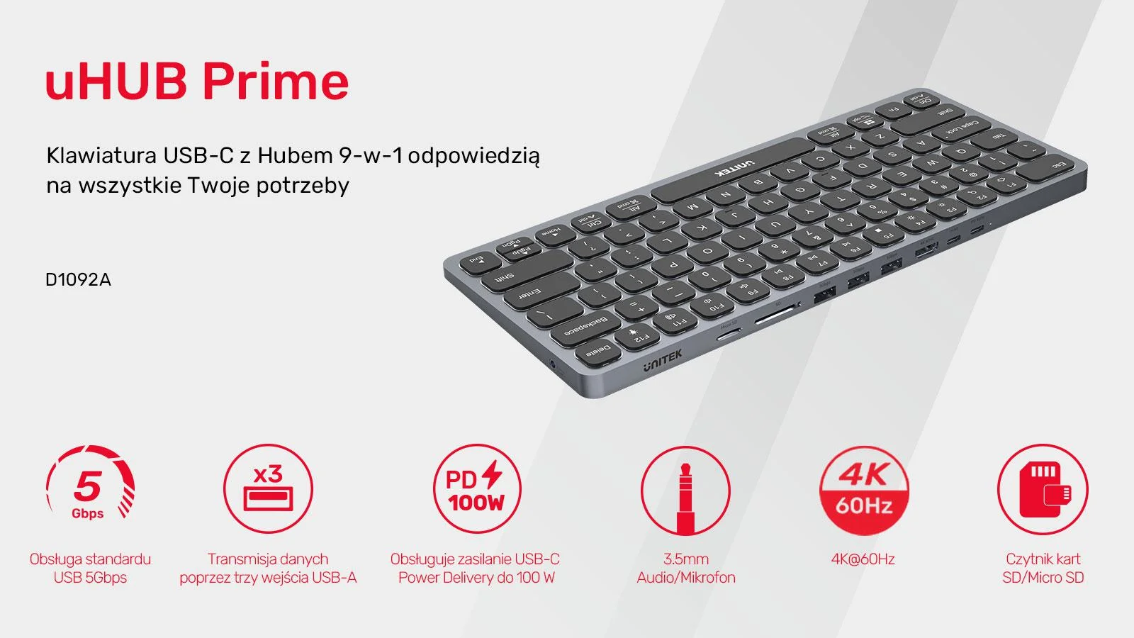 Klawiatura przewodowa Unitek D1092A 9w1 hub USB HDMI 4K PD 100W