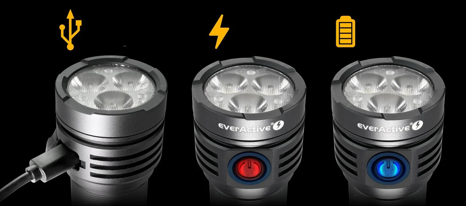 Latarka ręczna everActive FL-3300R Luminator IPX4 - bądź zawsze gotowy do działania: kontroluj kondycję ogniwa!