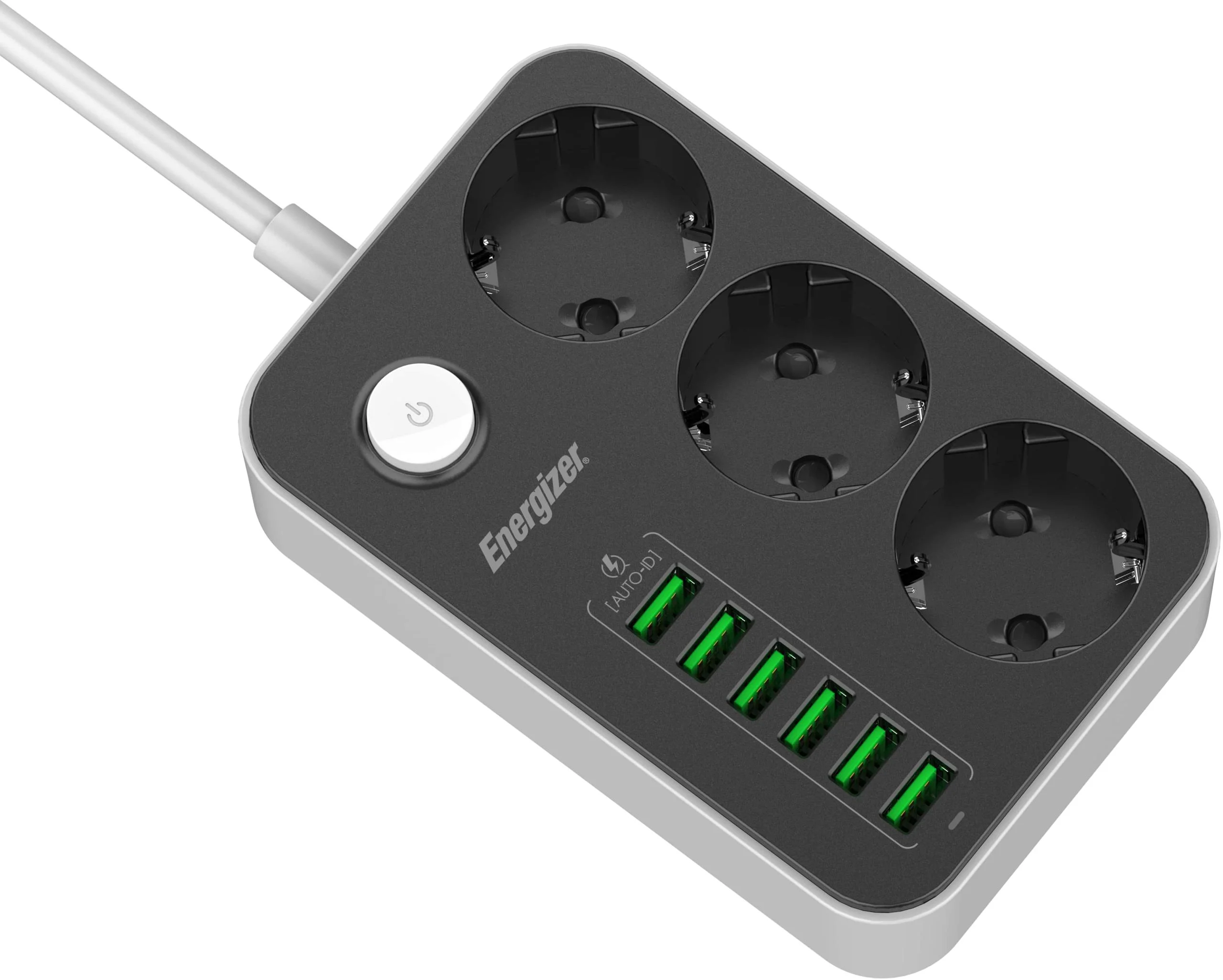 LISTWA ZASILAJĄCA Z WYŁĄCZNIKIEM Energizer 3x SCHUKO 6x USB-A 2500W 10A KABEL 2M - najważniejsze cechy: