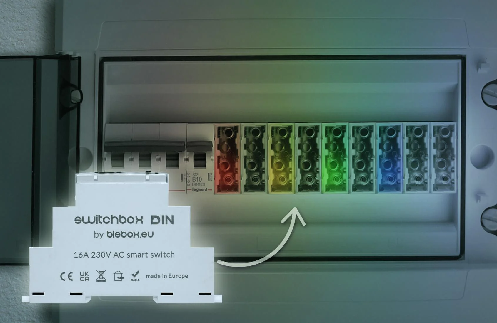 BleBox SwitchBox DIN - sterownik przeznaczony do montażu na szynie DIN w plastikowej skrzynce rozdzielczej