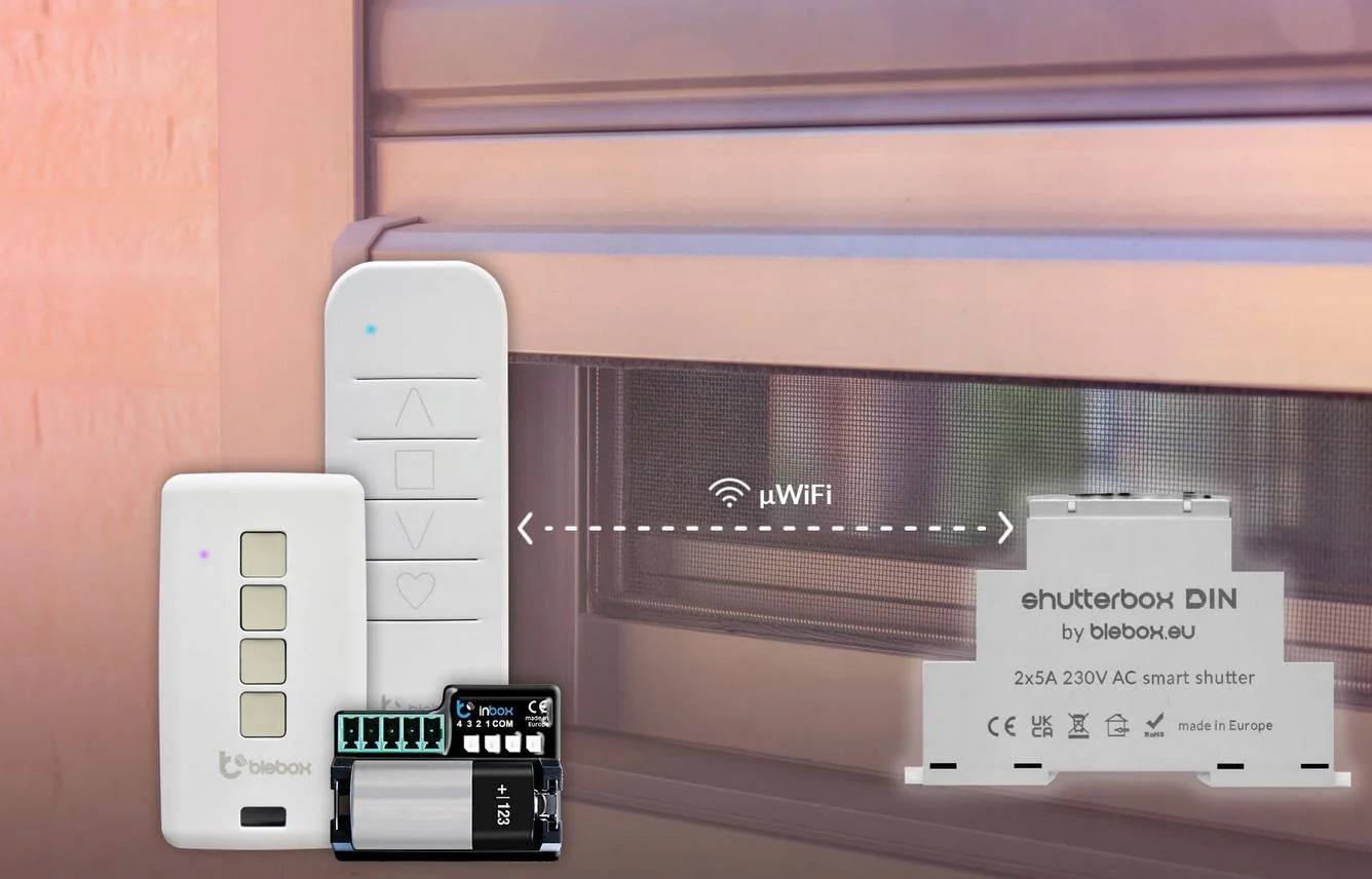 BleBox ShutterBox DIN - inteligentny sterownik rolet kompatybilny z urządzeniem inBox i pilotami uRemote oraz sRemote