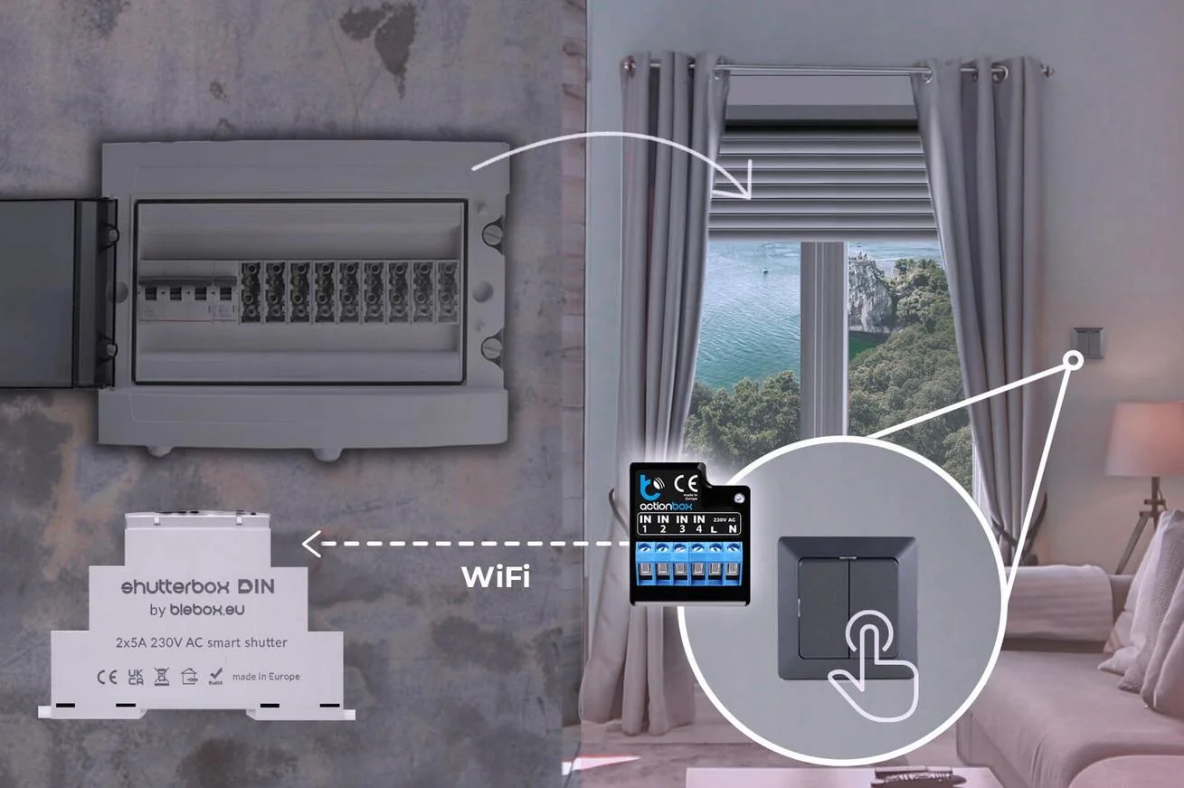 BleBox ShutterBox DIN - inteligentny sterownik rolet z funkcją podłączenia do dwóch przycisków sterujących