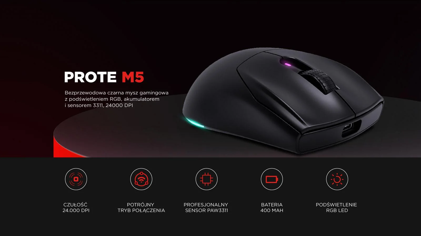 Mysz bezprzewodowa Rampage Prote M5 24000 DPI RGB LED 1K Hz biała