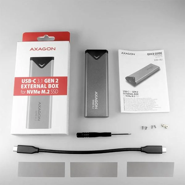 Obudowa dysku M.2 Axagon EEM2-UG2 USB-C 3.2 Gen 2 M.2 NVMe - zawartość zestawu: