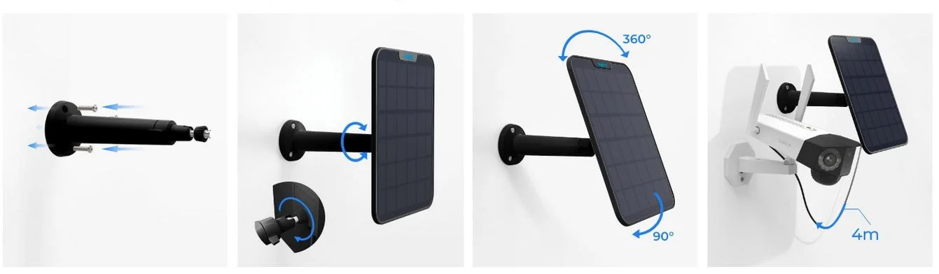 Czarny panel solarny do zasilania kamer Reolink 2 5,8W - przykładowe kroki montażu panelu słonecznego do CCTV: