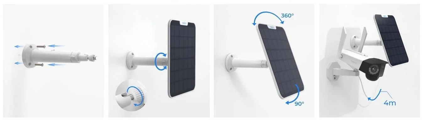 Biały panel solarny do zasilania kamer Reolink 2 5,8W - przykładowe kroki montażu panelu słonecznego do CCTV: