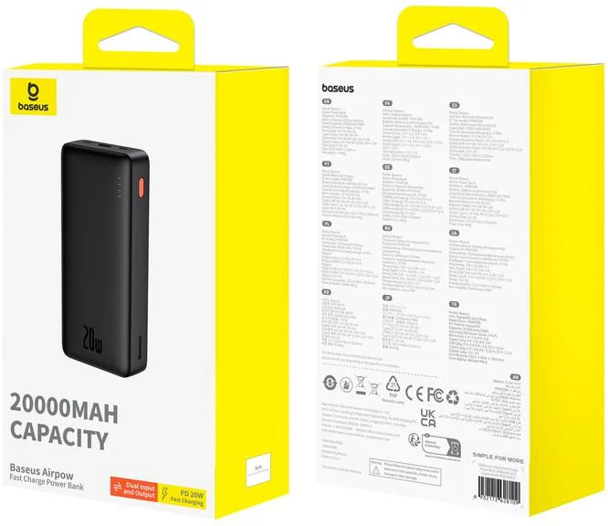 Powerbank Baseus Airpow P10022804113-00 20000mAh 20W PD QC 20W USB-A USB-C + kabel - specyfikacja techniczna: