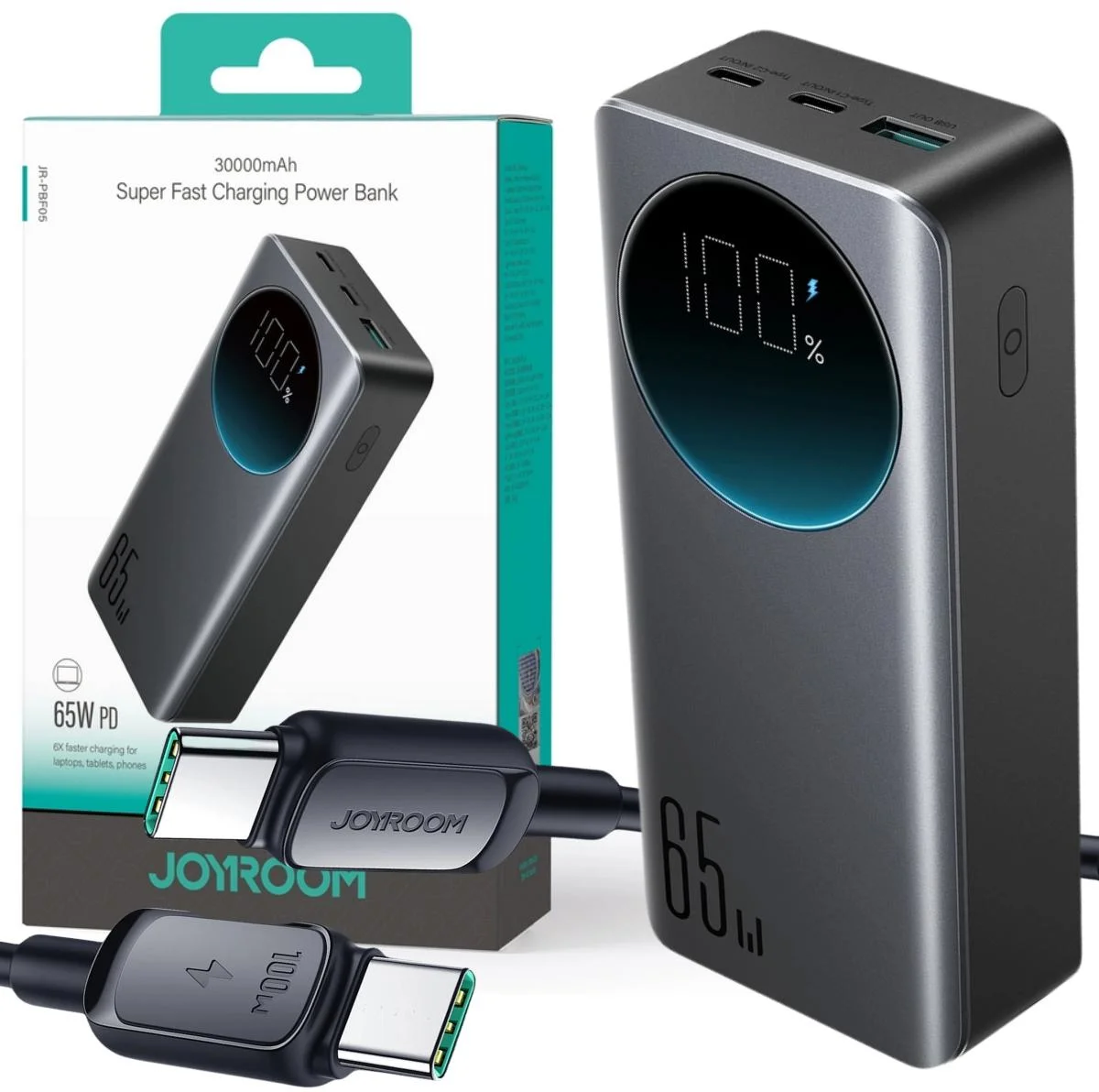 Powerbank z kablem Joyroom Digital Display JR-PBF05 30000 mAh 65 W PD 3.0 QC 3.0 1x USB-A 2x USB-C - najważniejsze cechy: