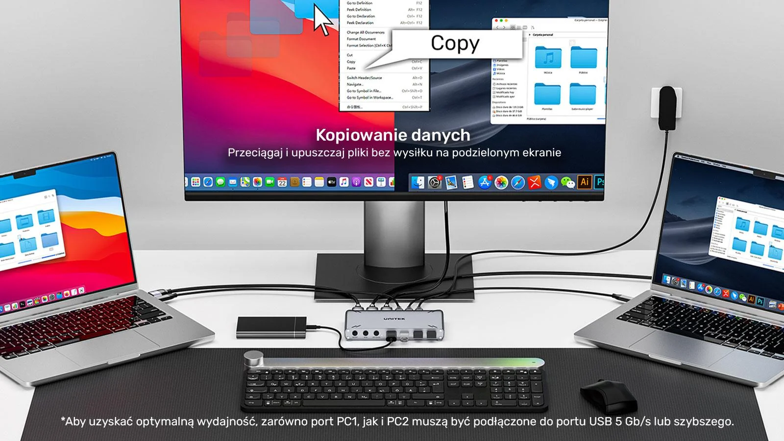 Przełącznik KVM Unitek USB-C 10Gbps z HDMI i transferem plików między systemami