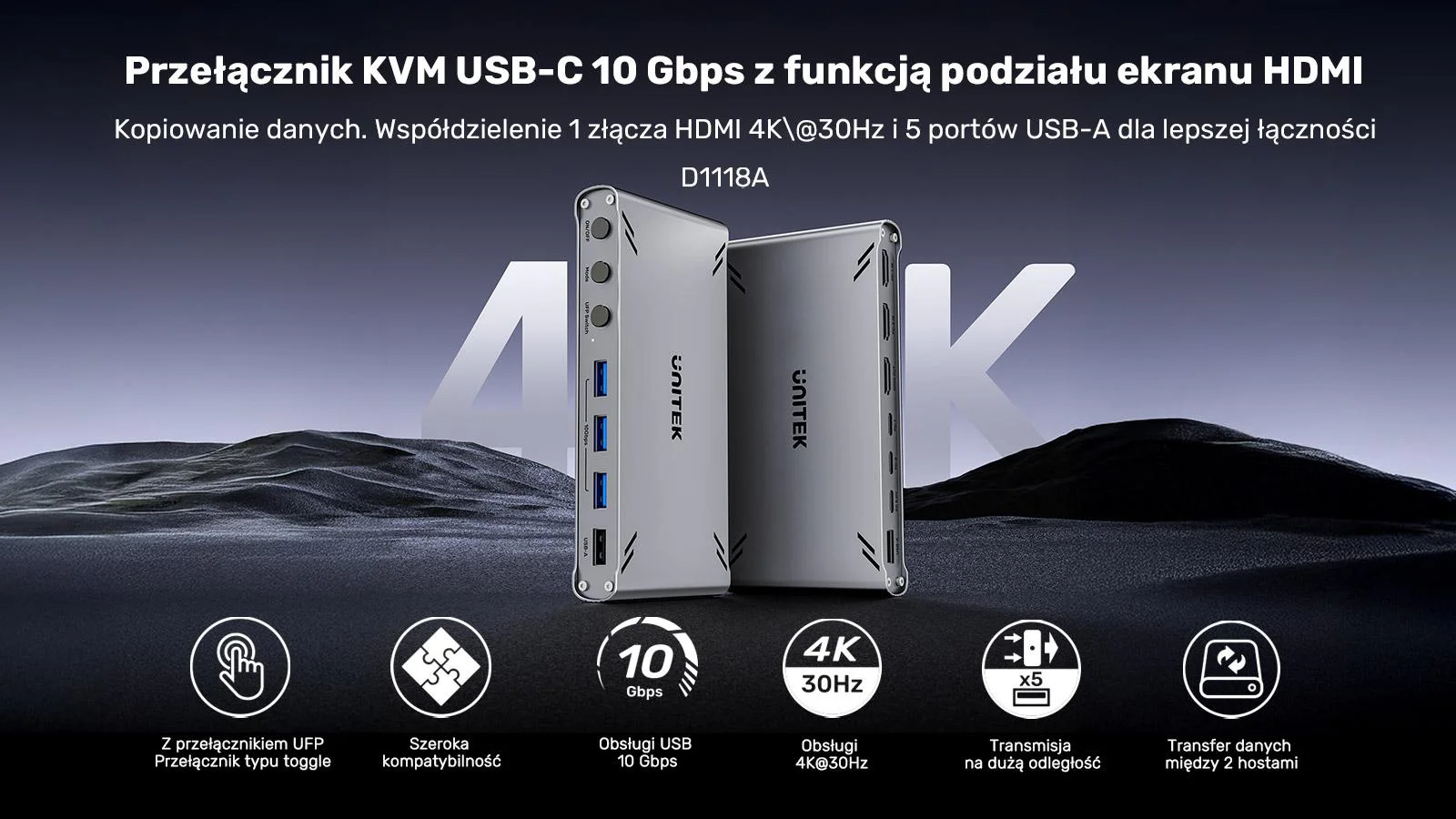 Przełącznik KVM Unitek USB-C 10Gbps z HDMI i transferem plików między systemami