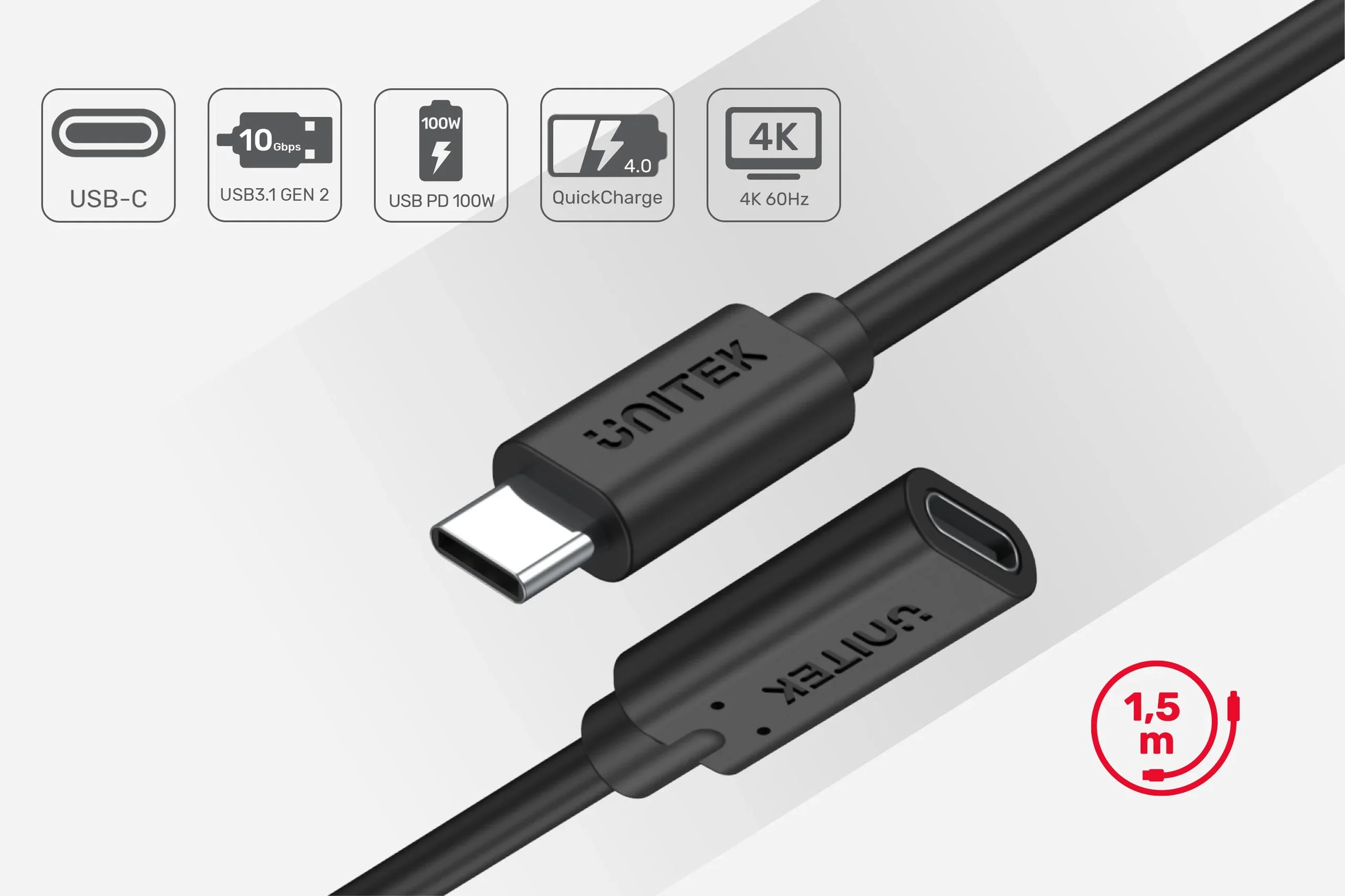 Przedłużacz Unitek C14086BK USB-C 10Gbps 4K, PD 100W 1,5m