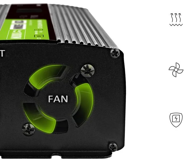 Przetwornica napięcia czysty sinus z wyświetlaczem Green Cell PowerInverter LCD 12 V 500 W/1000 W - pełna (czysta) sinusoida, komplet zabezpieczeń i aktywne chłodzenie