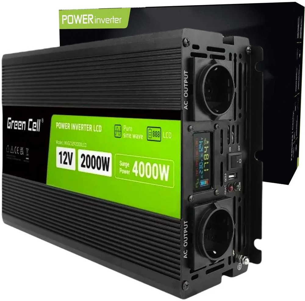 Przetwornica napięcia czysty sinus z wyświetlaczem Green Cell PowerInverter LCD 12 V 2000 W/4000 W - najważniejsze cechy: