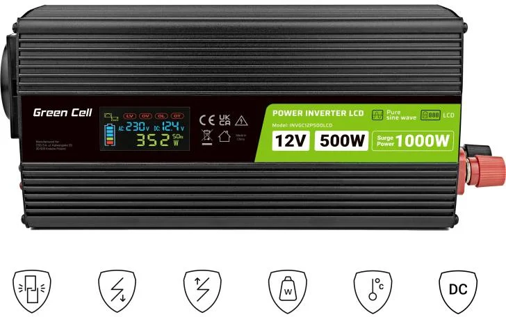 PRZETWORNICA NAPIĘCIA Green Cell PowerInverter LCD 12V / 230V 500W/1000W CZYSTA SINUSOIDA