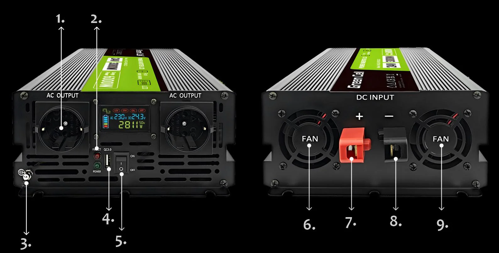 PRZETWORNICA NAPIĘCIA Green Cell PowerInverter LCD 24V / 230V 3000/6000W CZYSTA SINUSOIDA