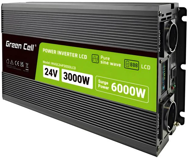 Przetwornica napięcia czysty sinus z wyswietlaczem Green Cell PowerInverter LCD 24 V 3000 W/6000 W - stabilna praca bez przerw