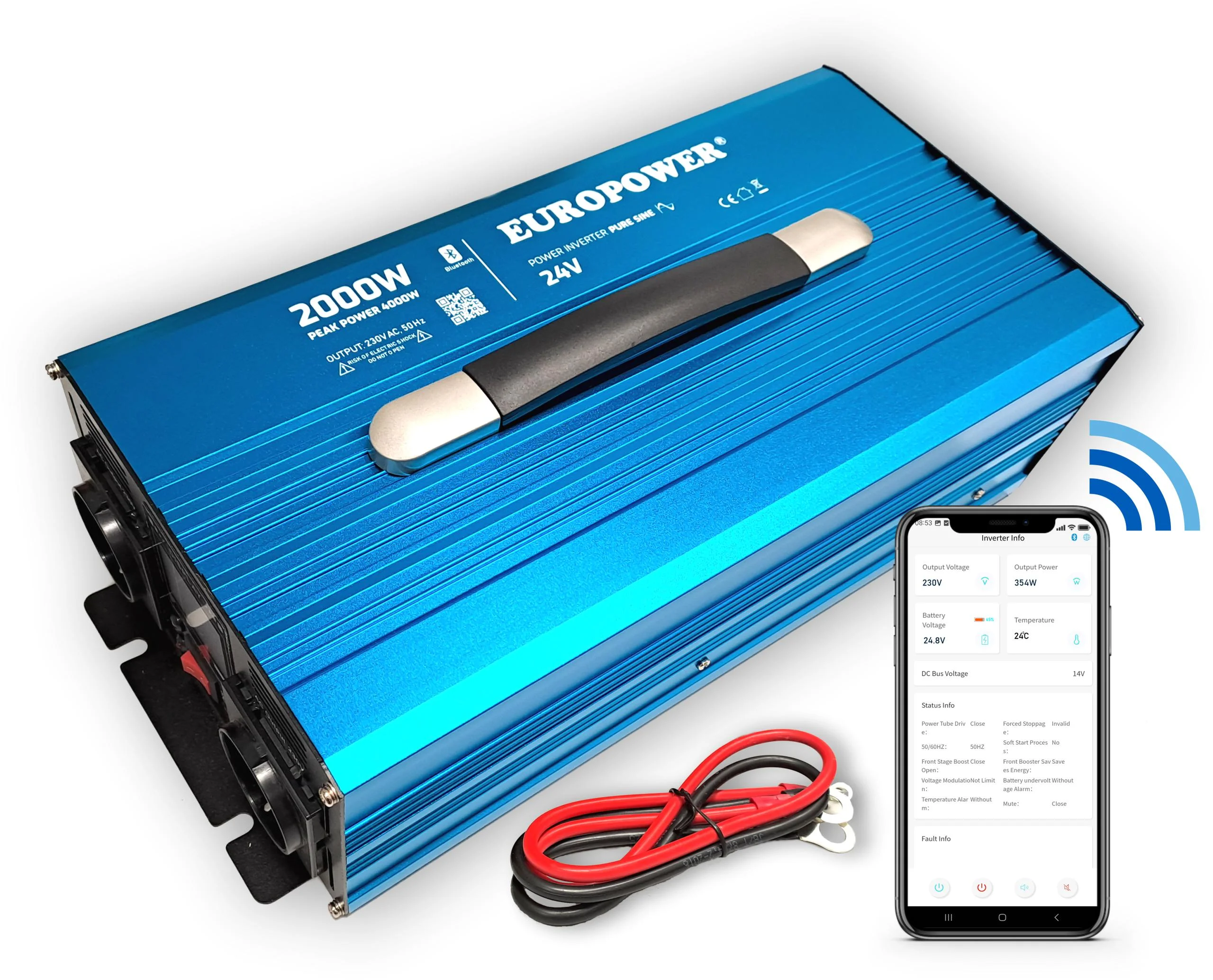 PRZETWORNICA NAPIĘCIA INWERTER EUROPOWER 24V DC / 230V AC 2000W / 4000W CZYSTY SINUS BLUETOOTH - najważniejsze cechy: