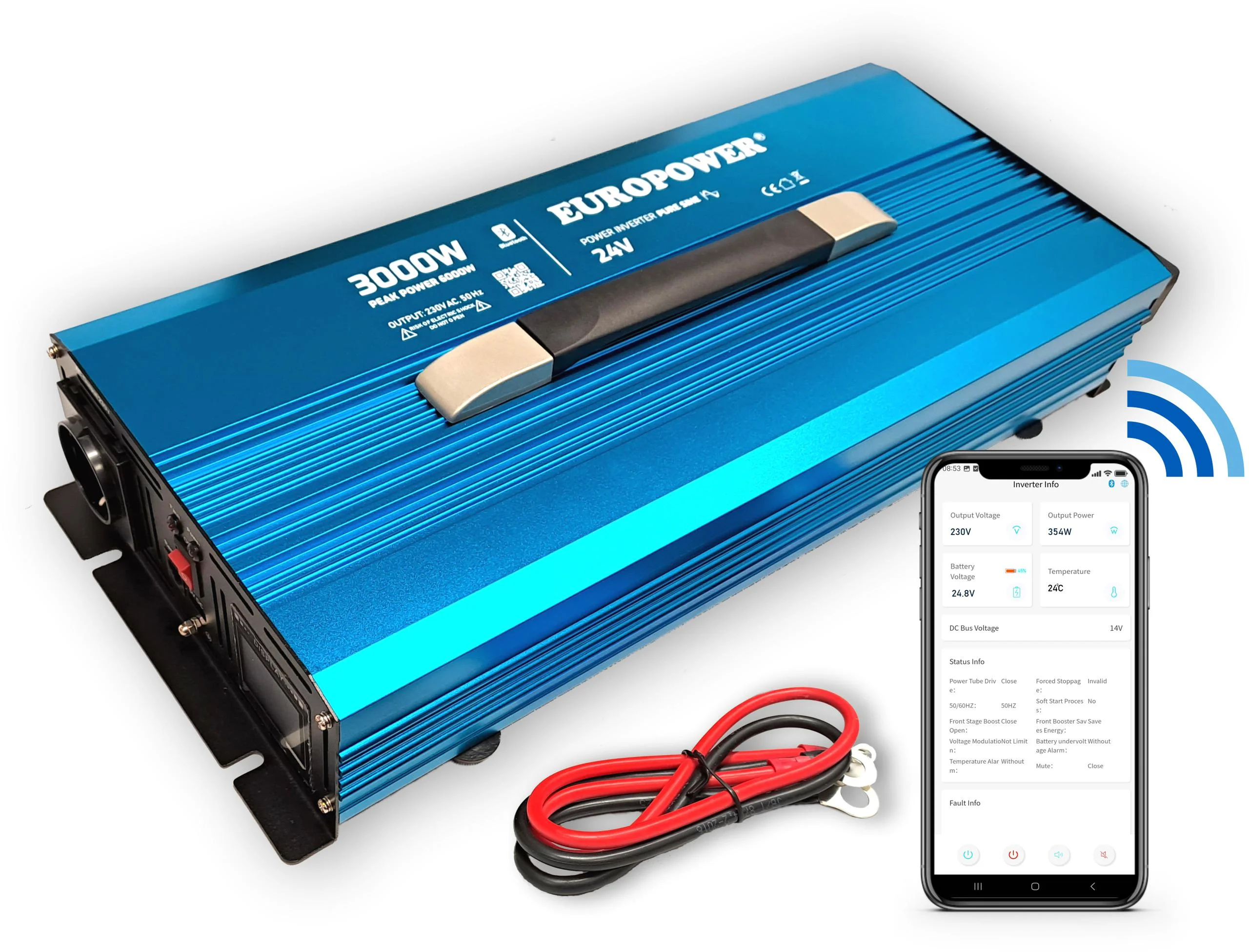 PRZETWORNICA NAPIĘCIA INWERTER EUROPOWER 24V DC / 230V AC 3000W / 6000W CZYSTY SINUS BLUETOOTH - najważniejsze cechy: