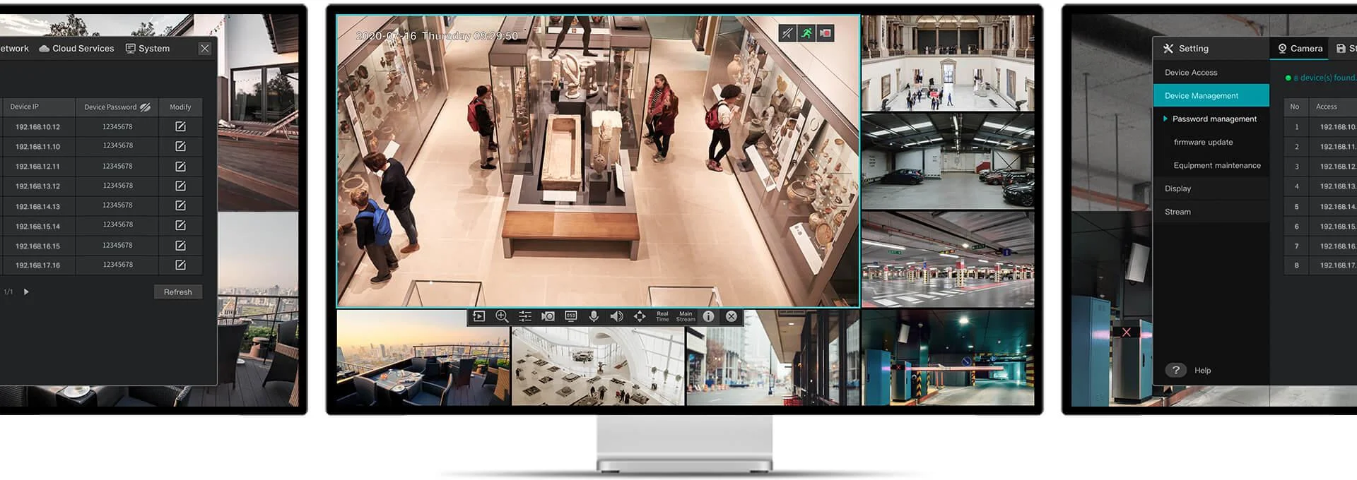 4-kanałowy rejestrator PoE+ TP-Link VIGI NVR1104H-4P — różne perspektywy na jednym ekranie