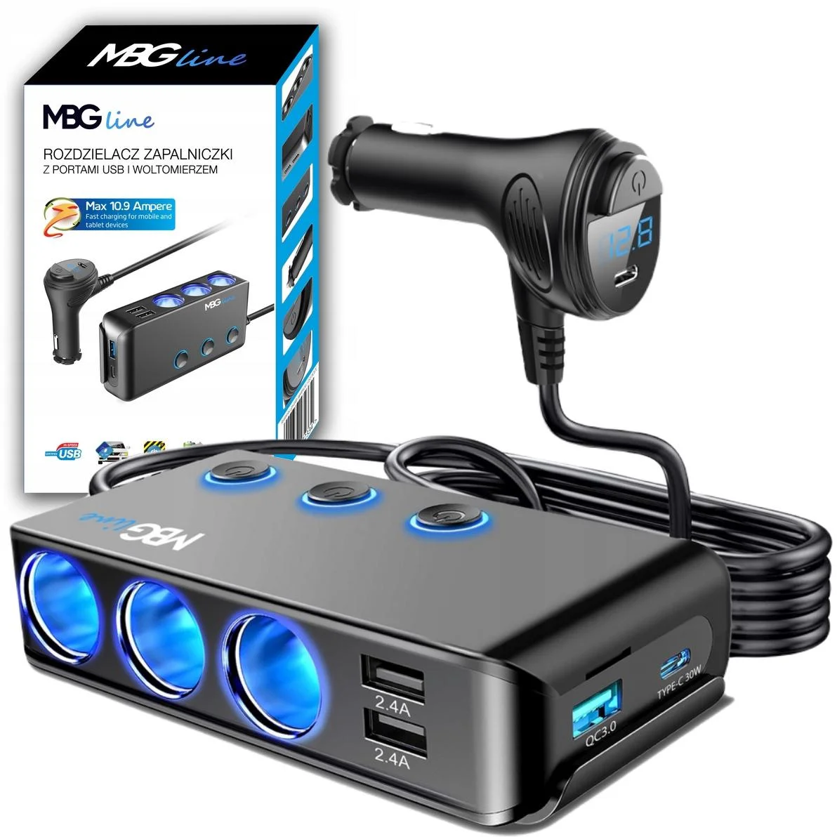 Rozdzielacz gniazdka zapalniczki 3 x USB (1 x QC3.0) + 3 x gniazdo zapalniczki + 2 x USB TYP C PD 30W - MAX 120W + woltomierz - najważniejsze cechy: