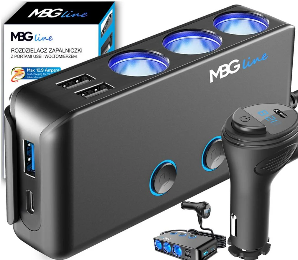 Rozdzielacz gniazdka zapalniczki 3 x USB (1 x QC3.0) + 3 x gniazdo zapalniczki + 2 x USB TYP C PD 30W - MAX 120W + woltomierz
