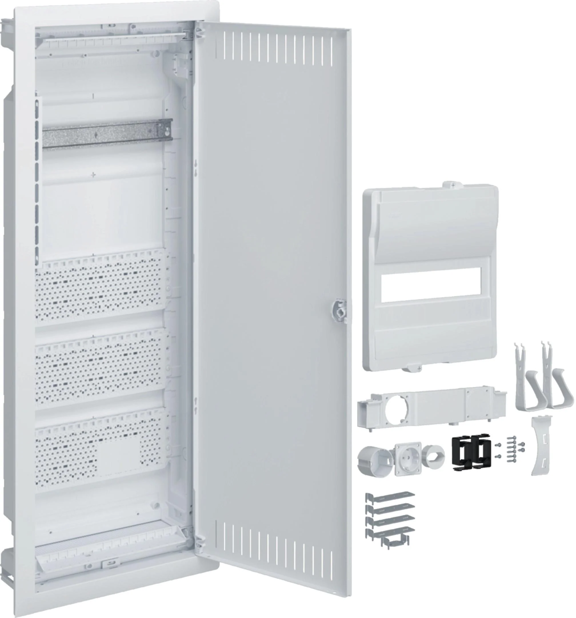 Rozdzielnica hybrydowa podtynkowa, 1 x12modułów, 3x płyta montażowa, 1x gniazdo 230V, HAGER Volta Hybrid VU601PLH
