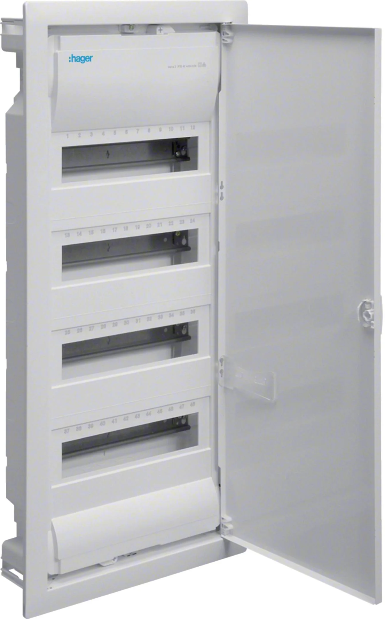 Rozdzielnica podtynkowa z drzwiami metalowymi, 4 rzędy, 48 modułów, IP30, HAGER Volta VU48AT