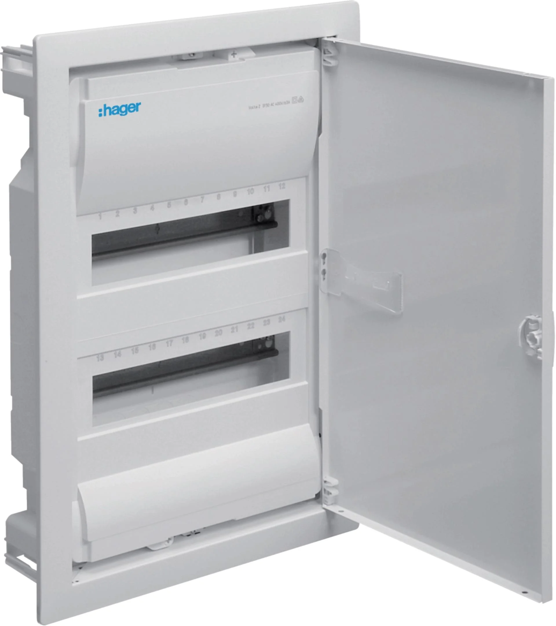 Rozdzielnica podtynkowa z drzwiami metalowymi, 2 rzędy, 24 moduły, IP30, HAGER Volta VU24AT