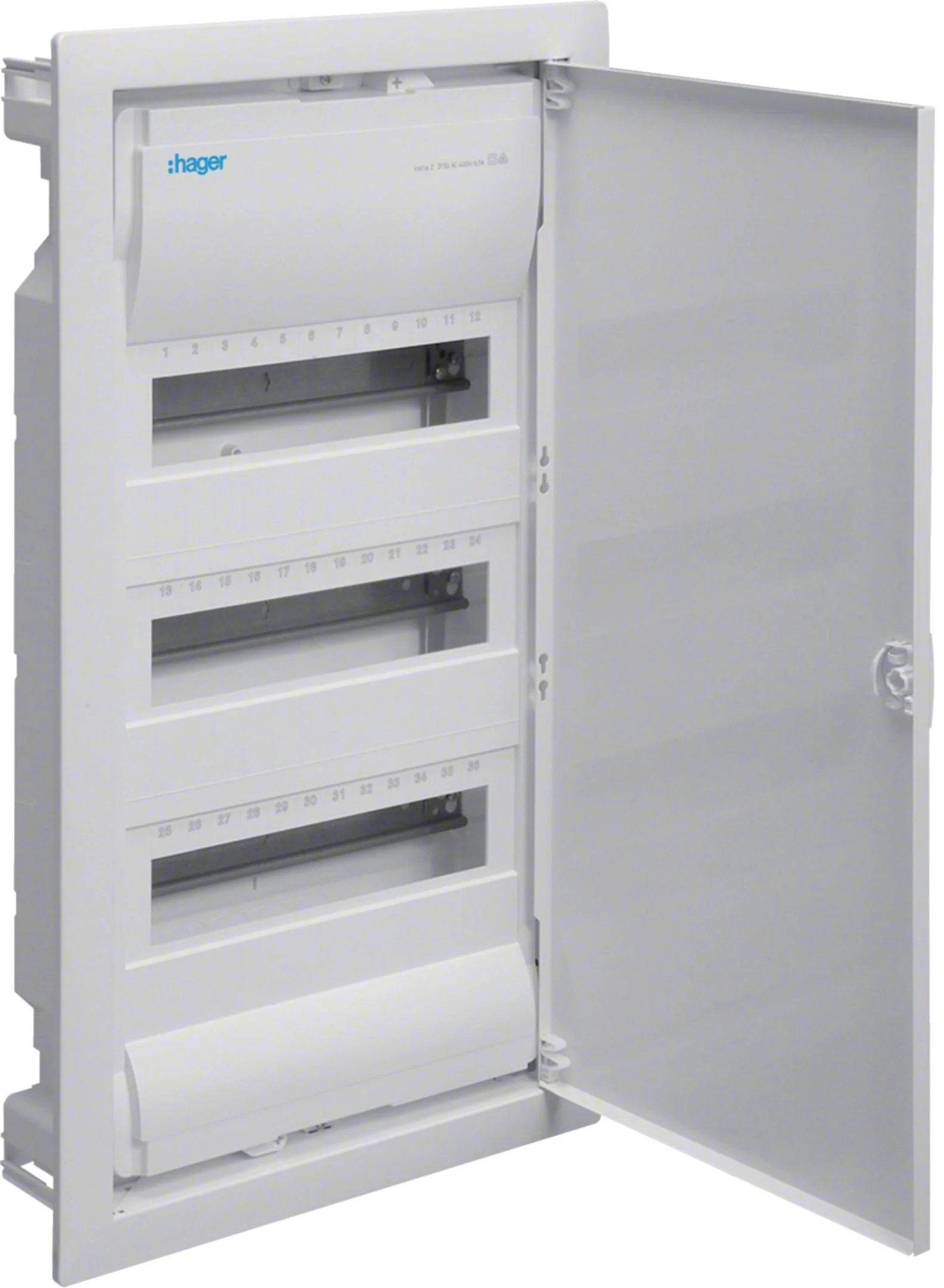 Rozdzielnica podtynkowa z drzwiami metalowymi, 3 rzędy, 36 modułów, IP30, HAGER Volta VU36NE