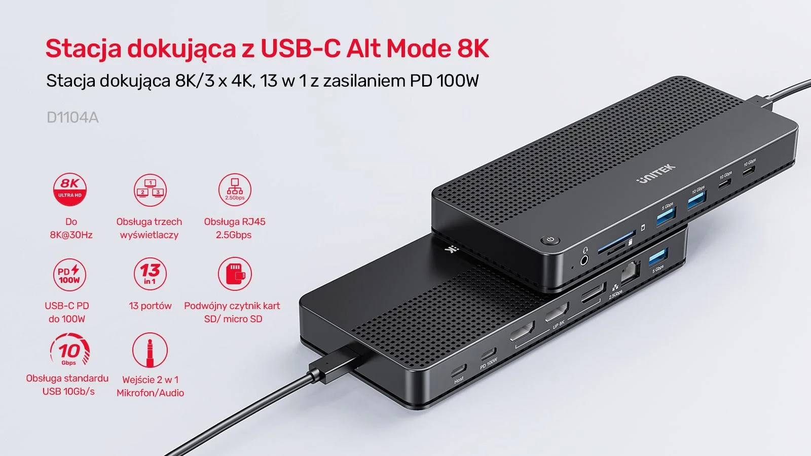 Stacja dokująca Unitek D1104A01 13w1 MST HDMI DP 8K PD 100W