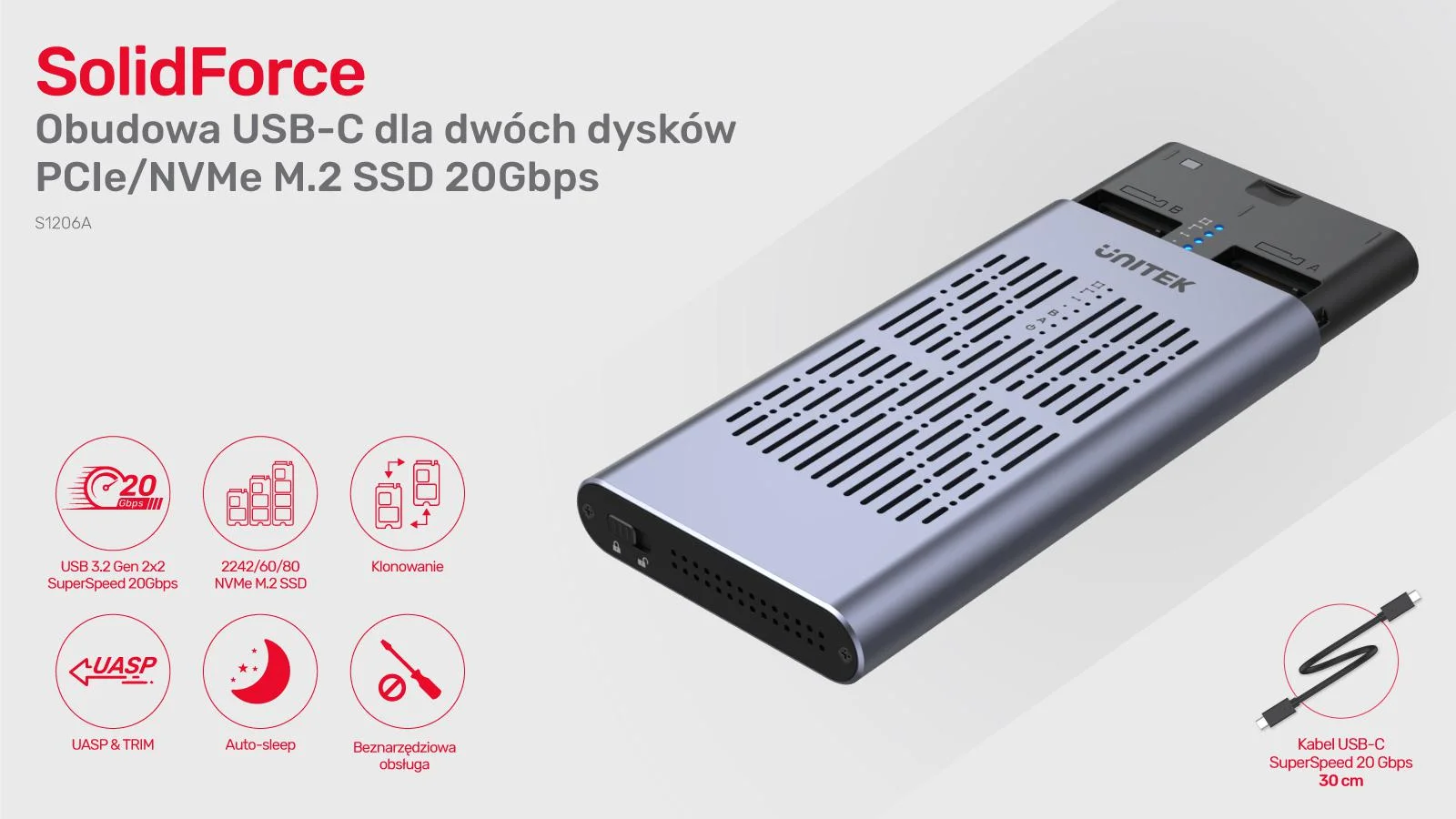 Stacja klonująca Unitek S1206A 2x M.2 PCIe/NVMe 20Gbps