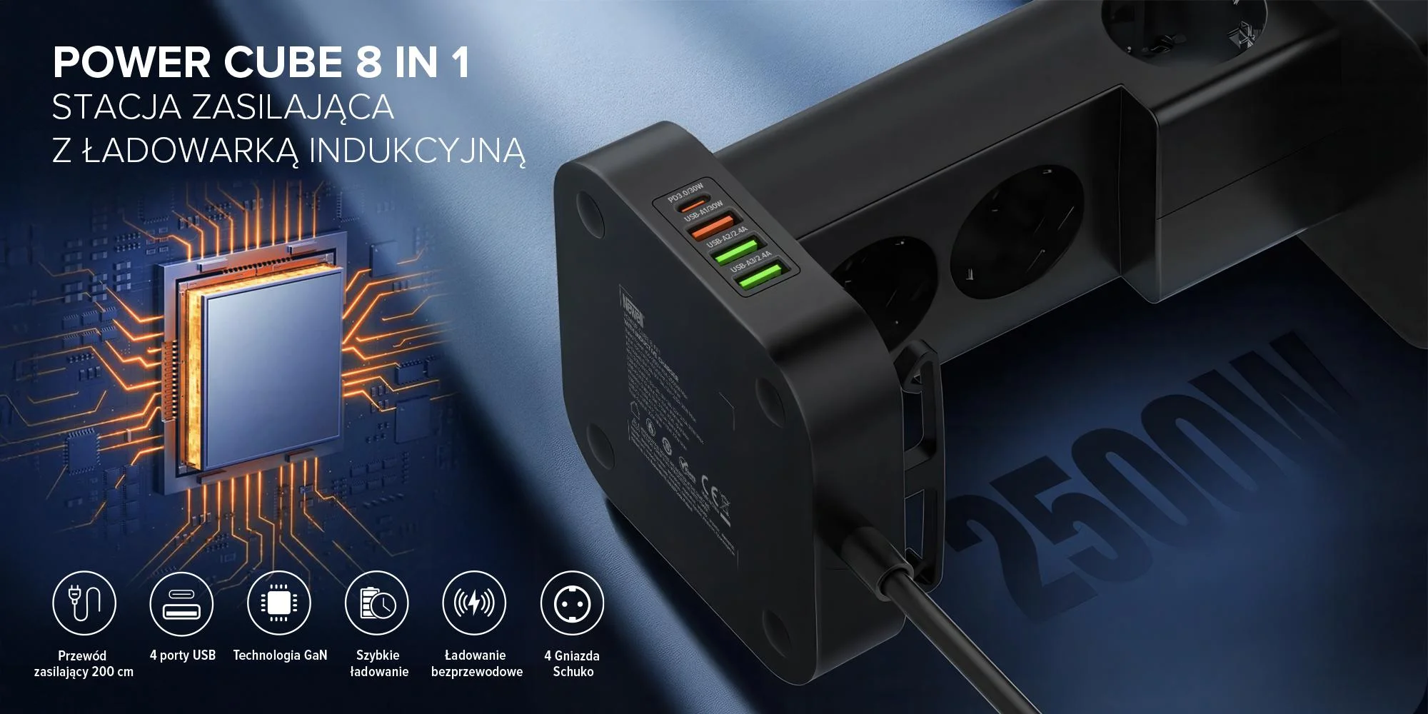 Stacja zasilająca Newell GaN Power Cube 8w1 z ładowarką indukcyjną