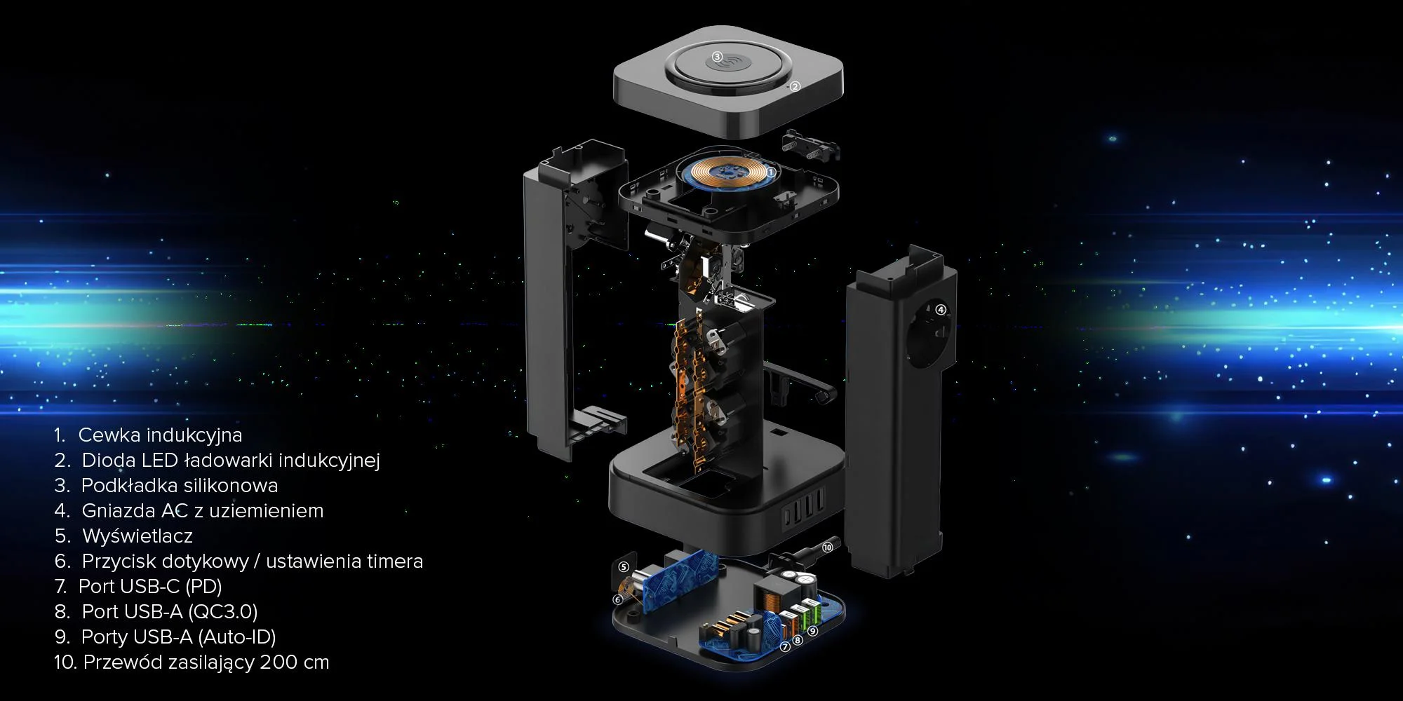 Stacja zasilająca Newell GaN Power Cube 8w1 z ładowarką indukcyjną