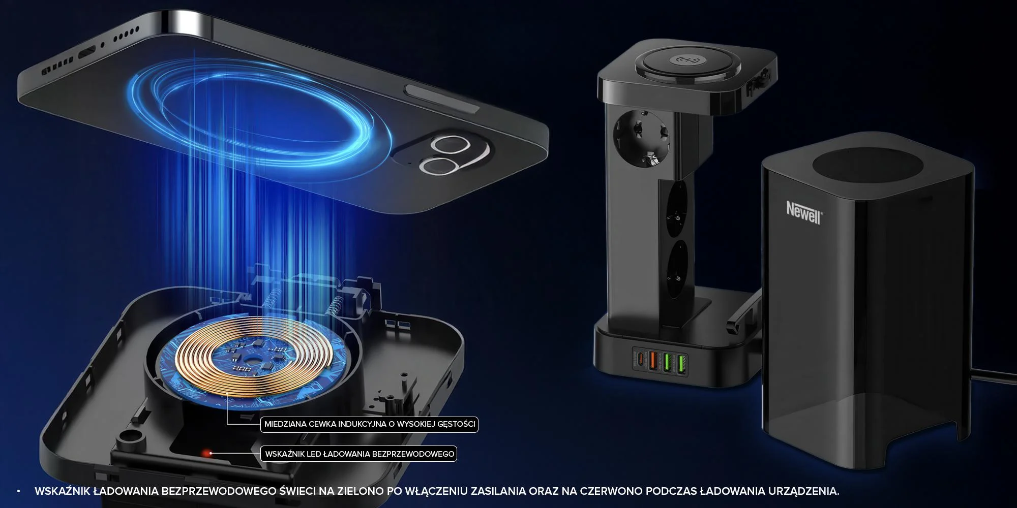 Stacja zasilająca Newell GaN Power Cube 8w1 z ładowarką indukcyjną