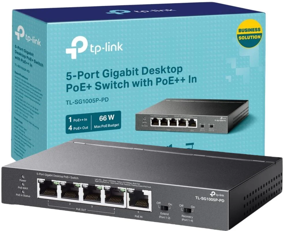 Przełącznik PoE+ typu Desktop, 5 portów gigabitowych, 1 port PoE++ IN i 4 porty PoE+ OUT TP-Link TL-SG1005P-PD - specyfikacja i dane:
