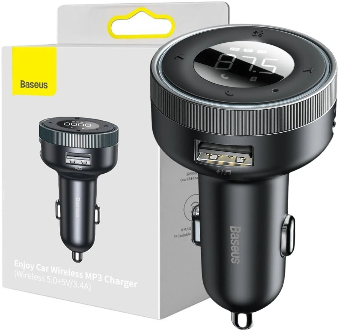 Baseus Enjoy CCLH-01 transmiter FM z ładowarką samochodową 3.4 A 2x USB-A Jack 3,5 mm Bluetooth 5.0 + odtwarzacz MP3 – najważniejsze cechy:
