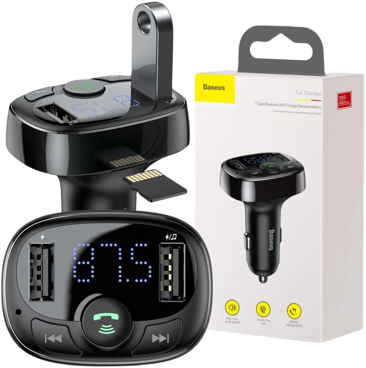 Ładowarka samochodowa + transmiter FM Baseus S-09A T-Typed 2x USB-A MicroSD 3,4 A – najważniejsze cechy: