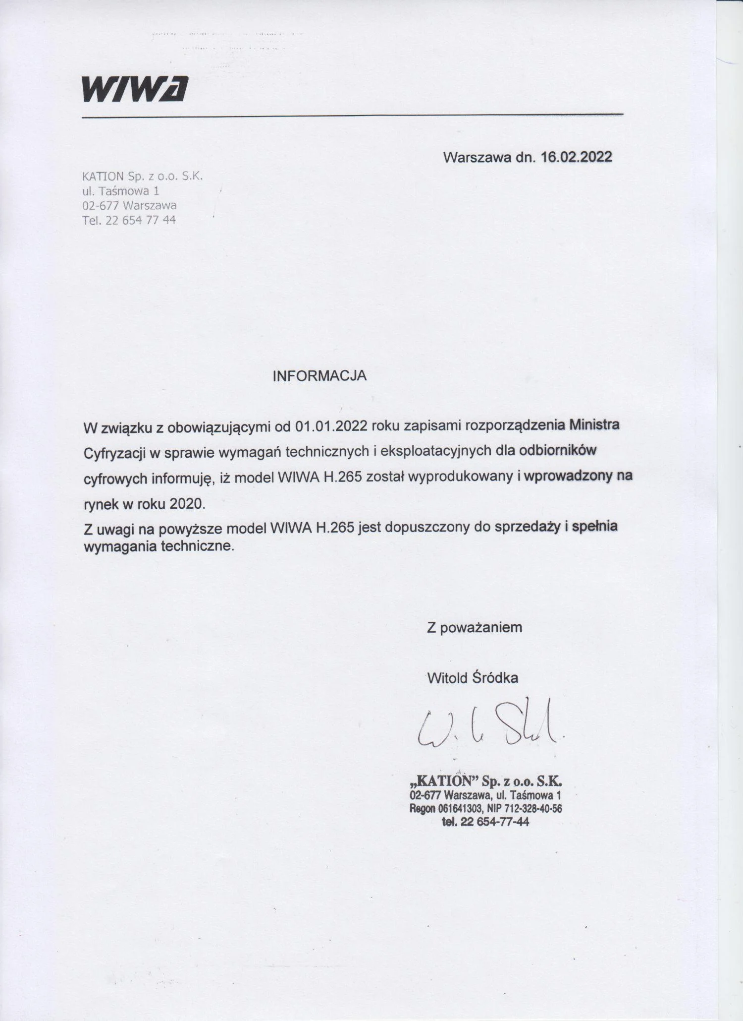 Tuner DVB-T/T2 WIWA H.265