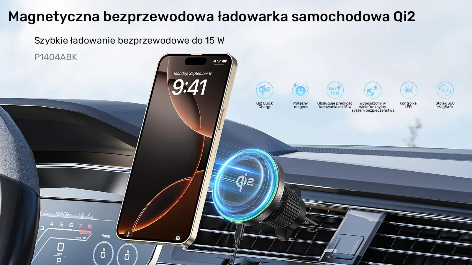 Uchwyt samochodowy Unitek 38W, Qi2
