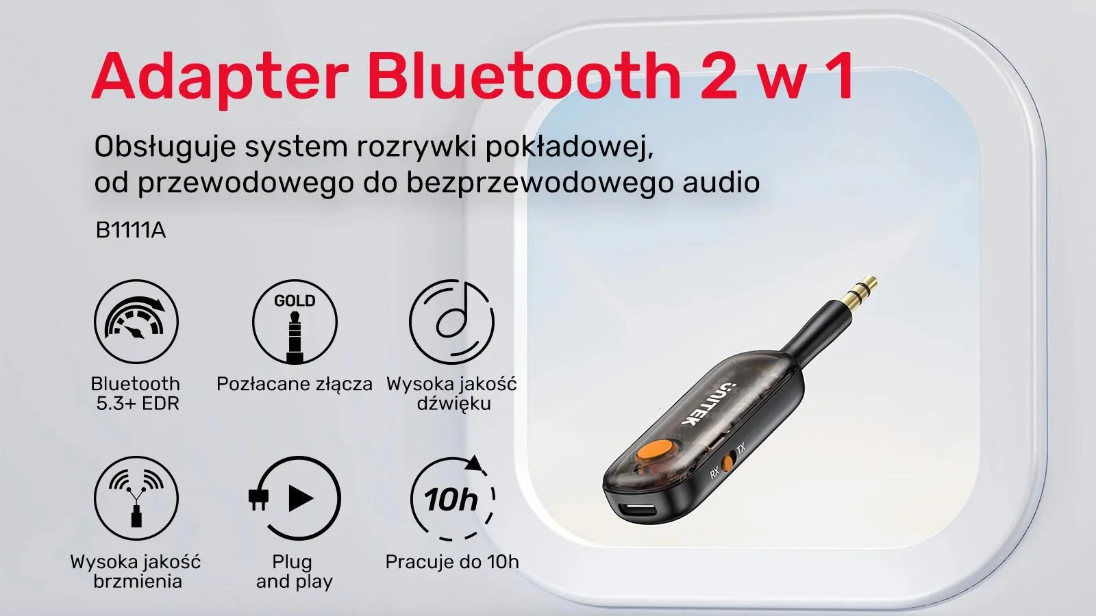 UNITEK 2w1 Adapter Bluetooth 5.3 nadajnik/odbiornik audio zasięg 10m czarny
